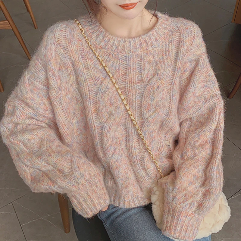 Zoki Pink Sweet Knitted Sweaters Women Loose O Neck Casual Long Sleeve Pullovers Korean Fashion Fall Female Elegant Jumpers New