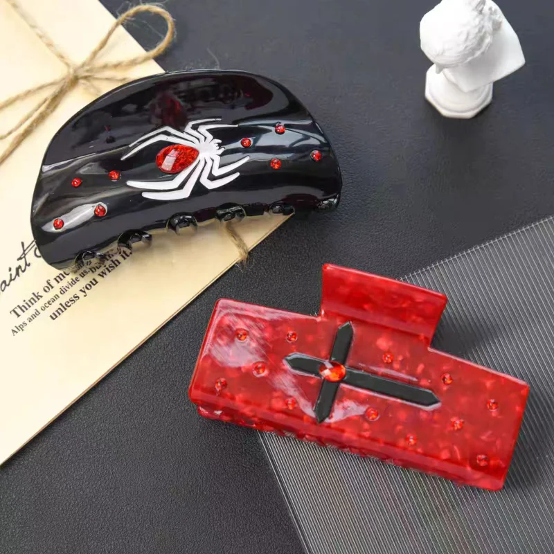 

New Acetic Acid High-end Cross Grip Clip Light Luxury Niche Shark Clip Hair Accessory Halloween Spider Hair Clip Headband