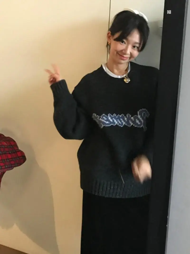 

Женский шерстяной вязаный свитер с круглым вырезом, свободного кроя, зимний, новый стиль, с принтом, повседневный, удобный, с длинным рукавом, влагоотводящий