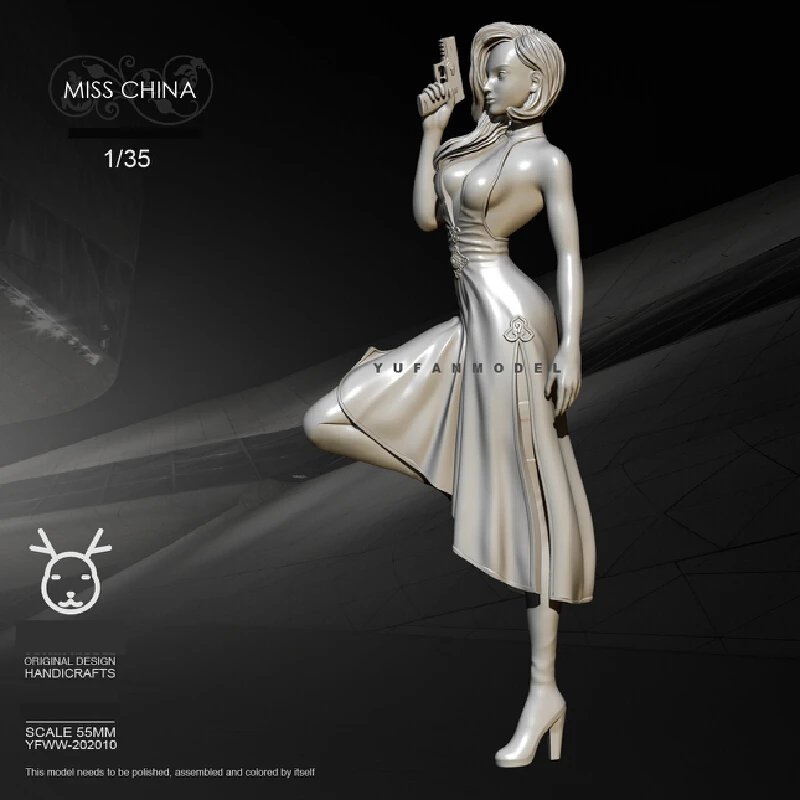 

55mm 1/35 Long Haired Cheongsam Resin Model Figure Gk Micro Miniature 3d Printed White Model Toy Unassembled And Unpainted Kit