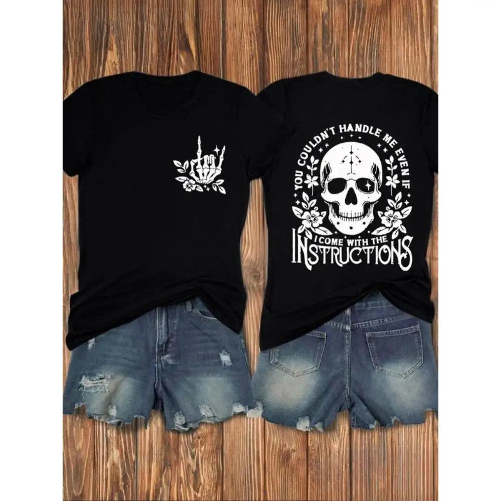 

Women's Skull & Letter Print Round Neck Tee, Casual Drop Shoulder Short Sleeve T-shirt, Ladies Clothes for Daily Wear
