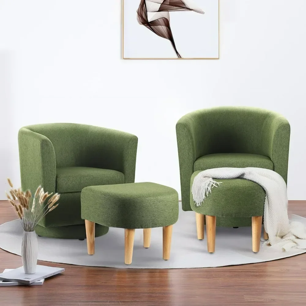 Living Room Chair Set of 2, Modern Swivel Chair with Ottoman, Comfy Armchair, Barrel Round Sofa Chair for Bedroom, Green