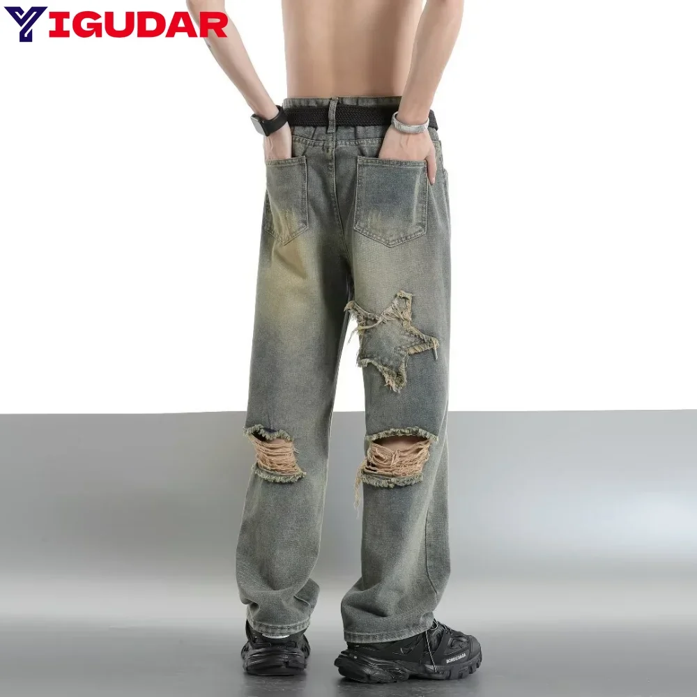 2025 Autumn Jeans Slim Hole Jeans For Men With Five-Pointed Star Ripped Jeans Street Casual Blue Denim Pants y2k streetwear