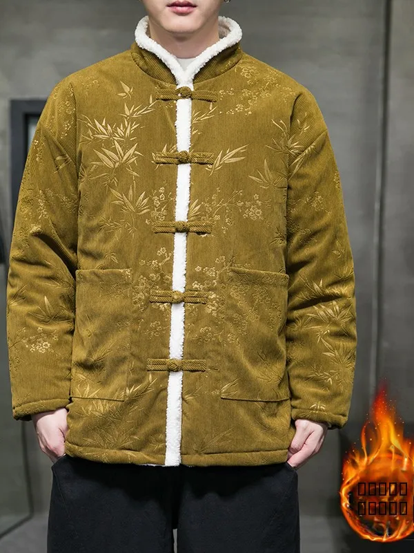 

Thiened Cotton Padded Jaet Retro Sle Embroidered Flannel Outerwear for Men Winter Warm Stand Collar Button Closure Coat