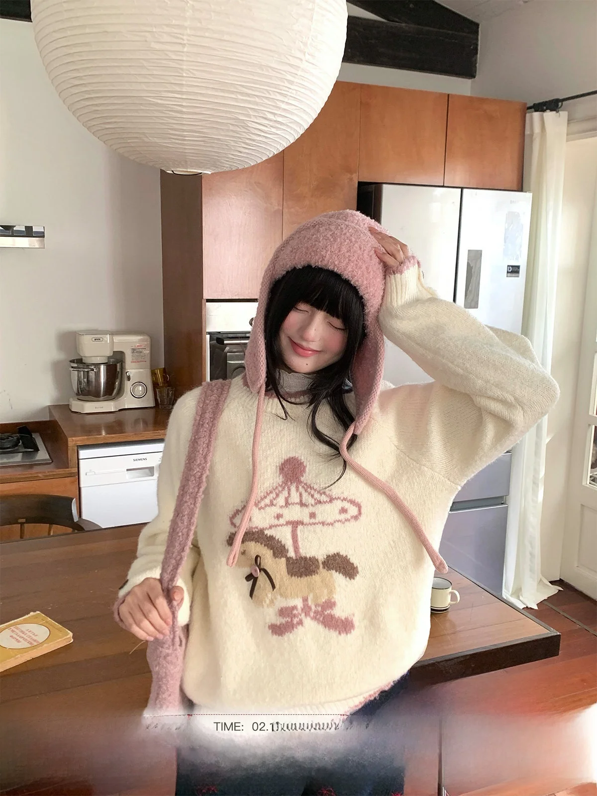 

Cute Thiened Plu Sweater round Ne Pullover Soft Wooden Tea Women's Winter Spring Faionable Long Sve Girls Knitwear