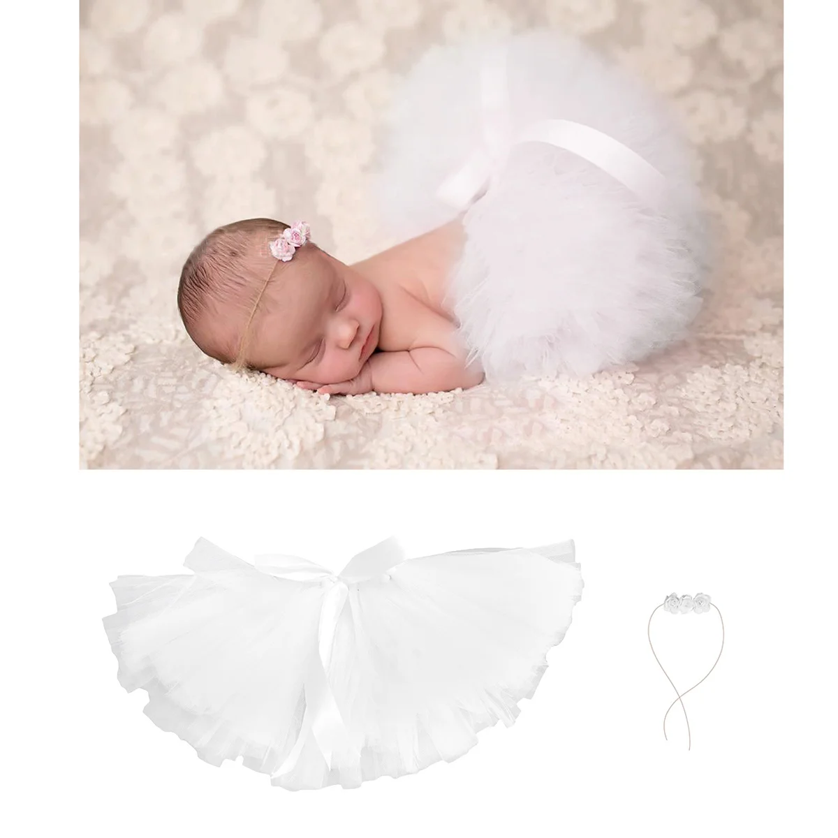 

Baby Photography Costume White Infant Tutu Skirt Newborn Bow-Knot Tulle Dress Outfits Floral Headband Girl Photo Prop