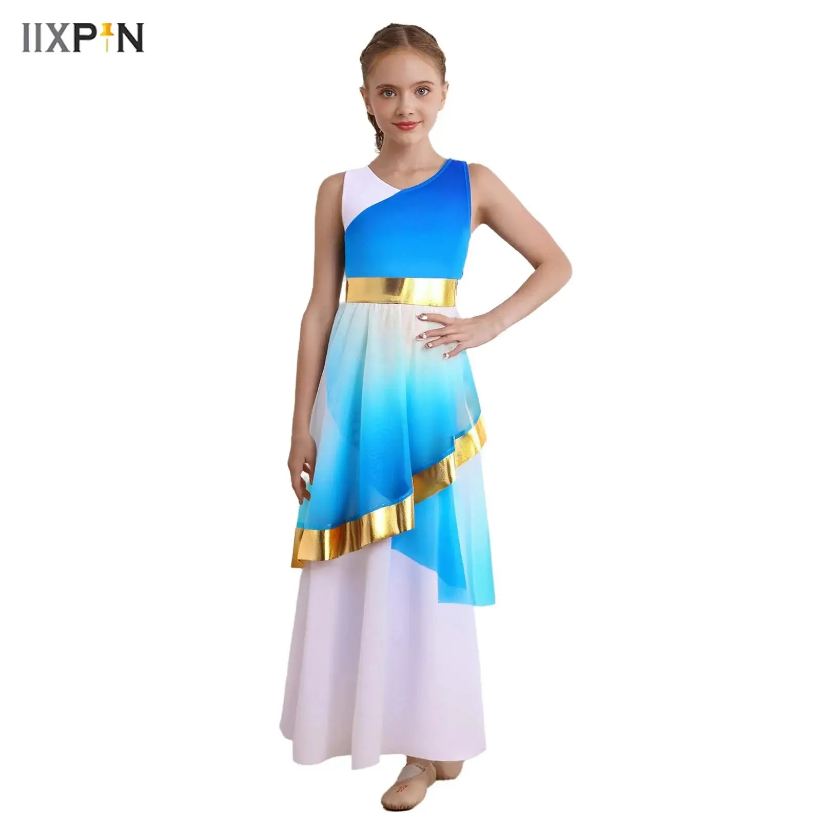 

Kids Girls Liturgical Praise Dance Dress Gradient Color V- Neck Sleeveless Metallic Waist Asymmetrical Mesh Layer Lyrical Dress