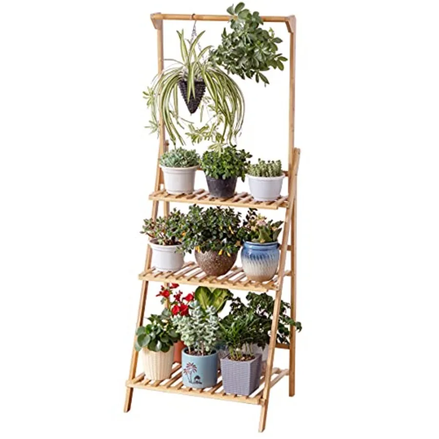 

Bamboo 3-Tier Hanging Plant Stand Planter Shelves Flower Pot Organizer Rack Folding Display Shelving Plants Shelf Unit Holder