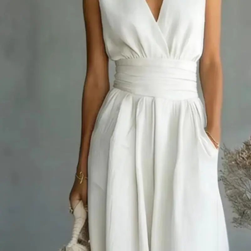 

Women's Sleeveless Jumpsuits V Neck Straight Long Pants Rompers with Pockets Summer Casual One Piece Overalls Stretchy Jumpsuit