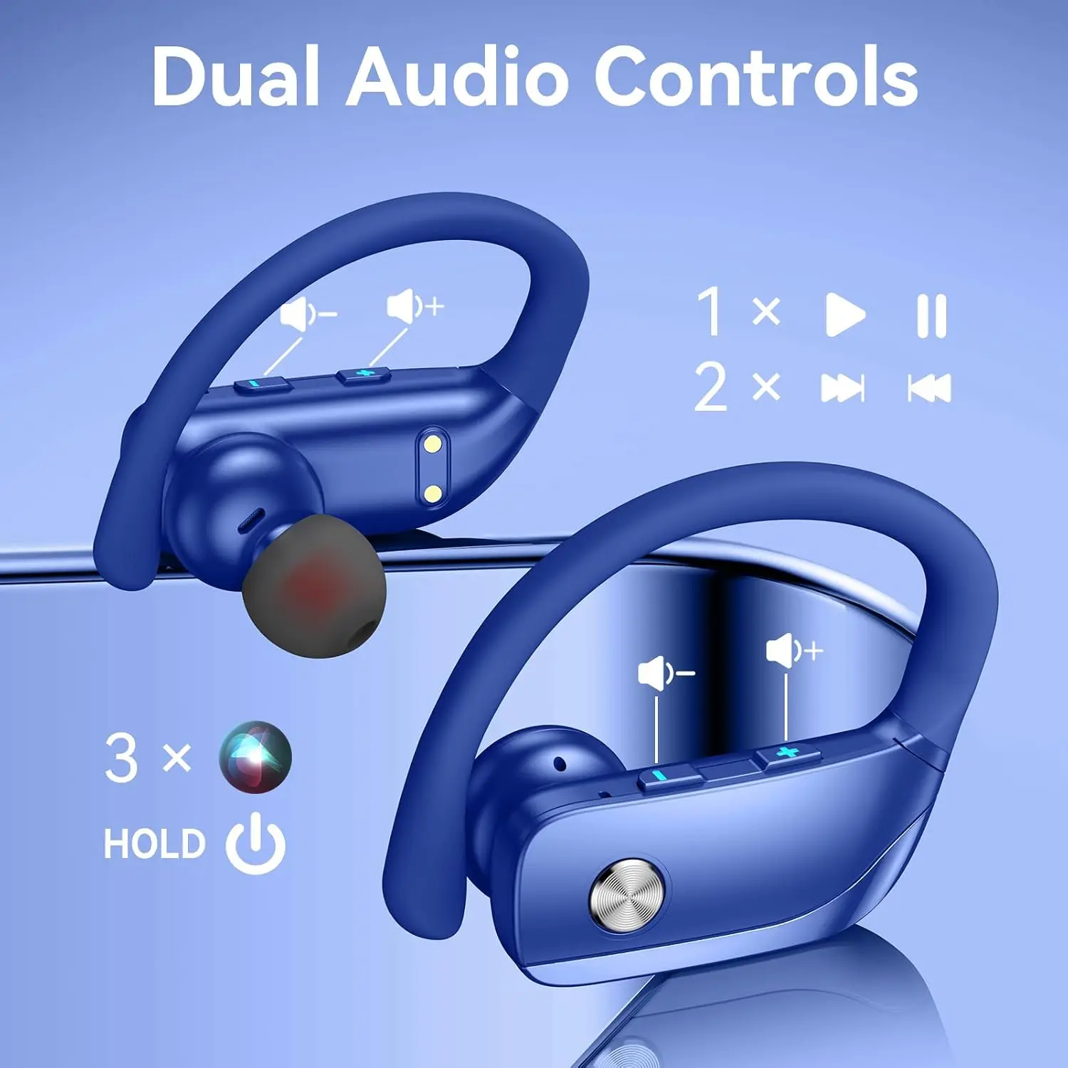 Wireless Earbuds with 80H Playtime LED Display Case, Over-Ear Hook, Stereo Sound, Easy Button Controls, Sports Earphones for Running Workout Gym Blue view 4