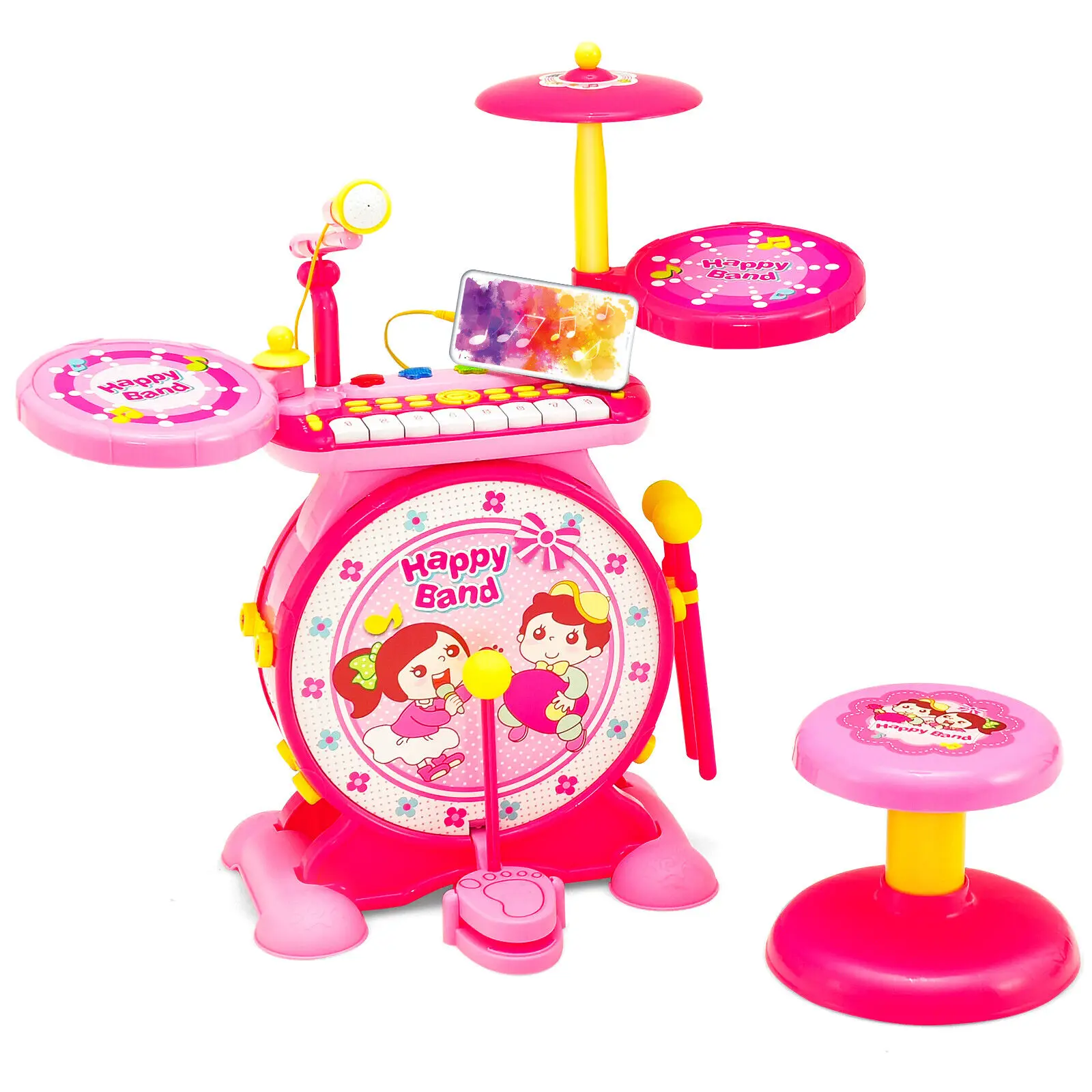 Babyjoy 2-in-1 Kids Electronic Drum Kit Music Instrument Toy w/ Keyboard Microphone Pink