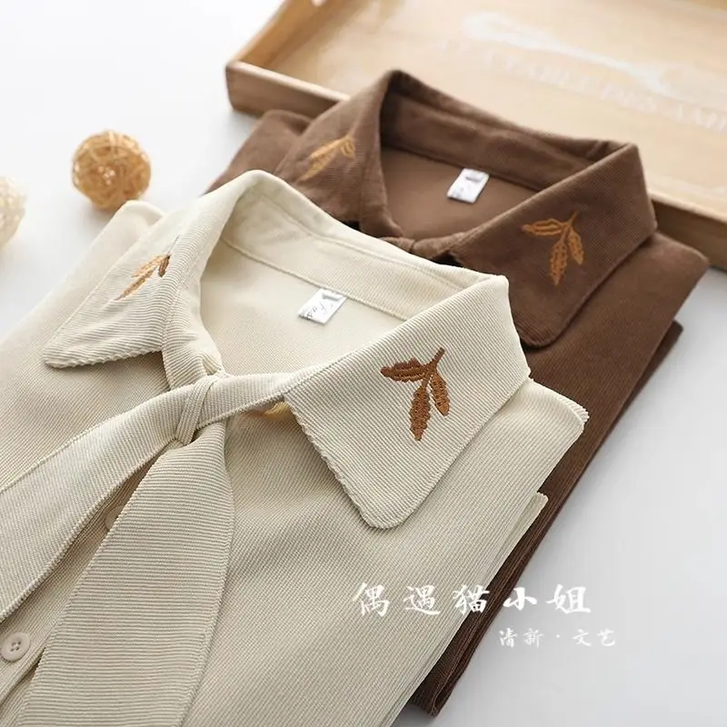 เสื้อเชิ้ตแขนยาวผ้าลูกฟูกแต่งโบว์หูกระต่าย ดีไซน์หวาน สไตล์นิช สำหรับผู้หญิง คอลเลคชั่นฤดูใบไม้ร่วง