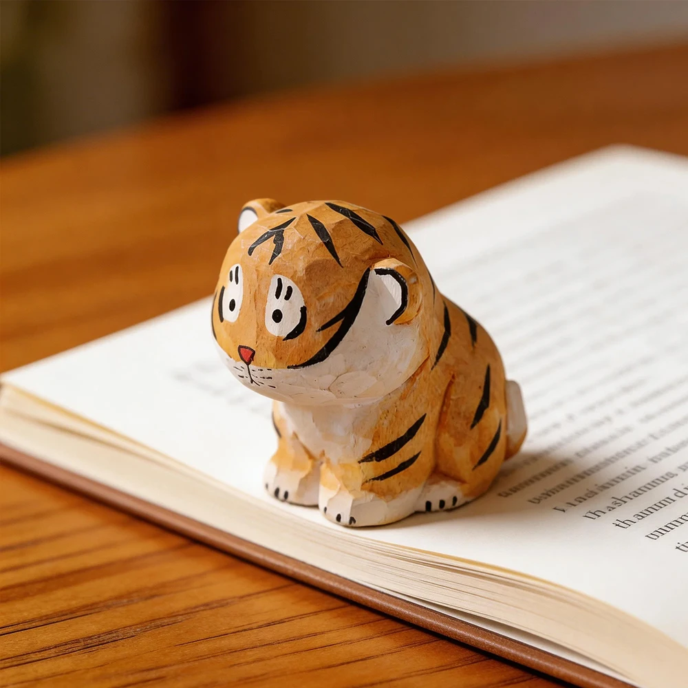 Cute Handmade Decorative Wooden Tiger Figurine Mini Animal Ornament Statue Carving Home Room Desktop Accessories Decor Gift view 3