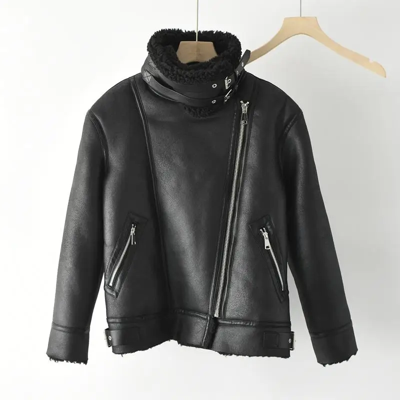 Lamb Fur Jaet Women's Winter Thi Warm Motorcycle ort Sle Faux Leather Hair Inteated Coat Chinese Brand Commute Sle