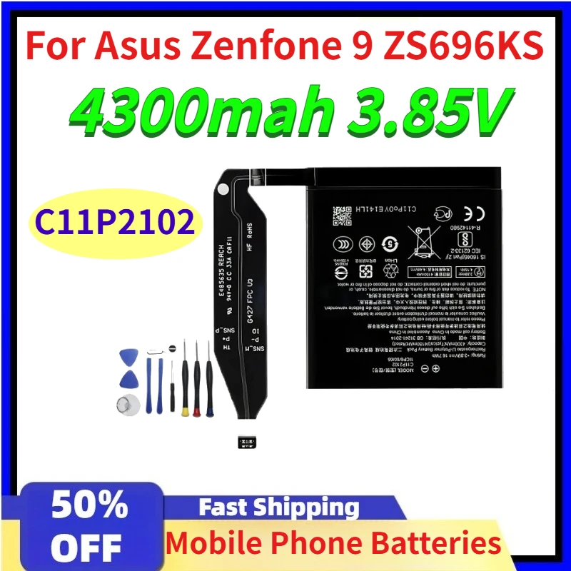 New 4300mah 3.85V C11P2102 Mobile Phone Batteries for Asus Zenfone 9 ZS696KS Large Capacity Lithium Battery + Free Tools