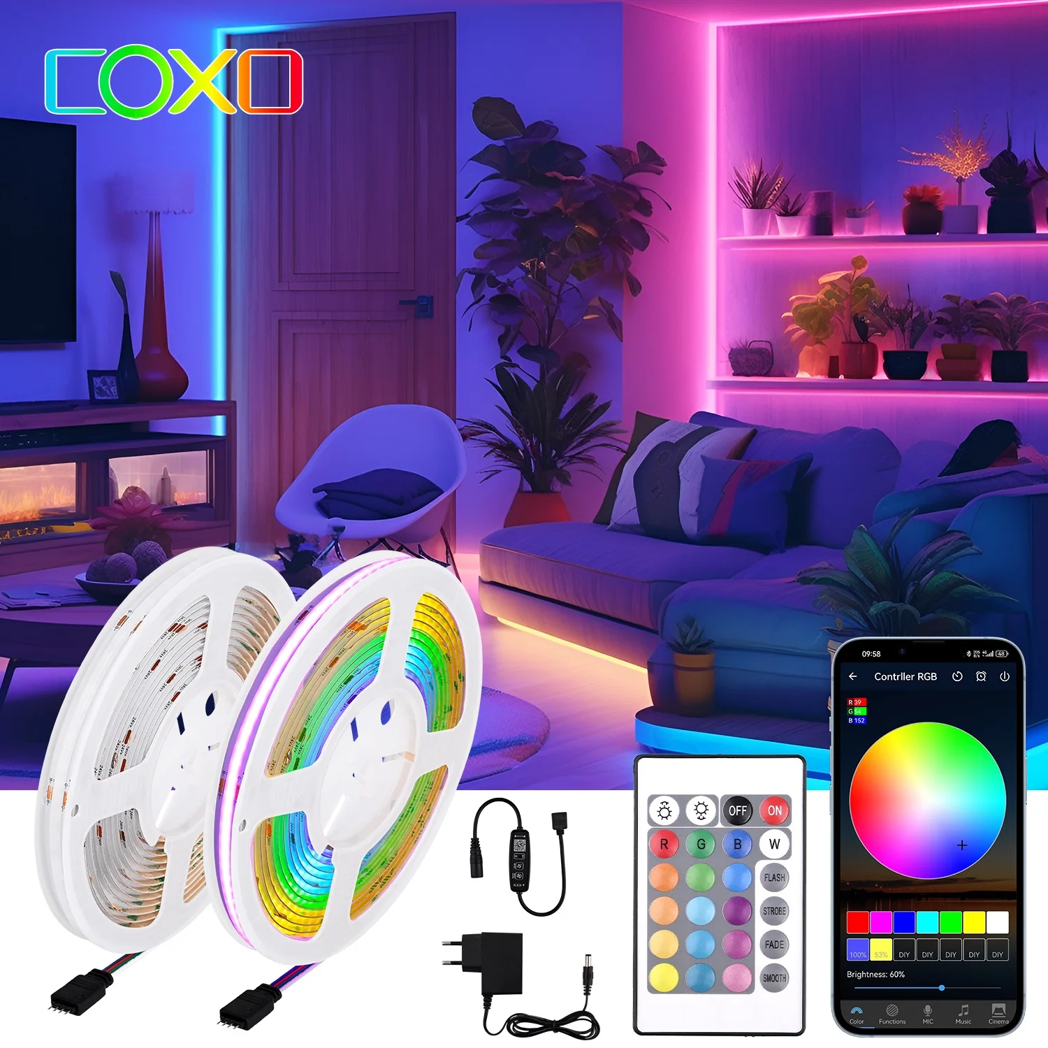 

Светодиодные ленты RGB COB с набором радиочастотных пультов дистанционного управления, 2880 светодиодов, 24 В постоянного тока, гибкая светодиодная лента 16,4 фута, внутреннее декоративное освещение
