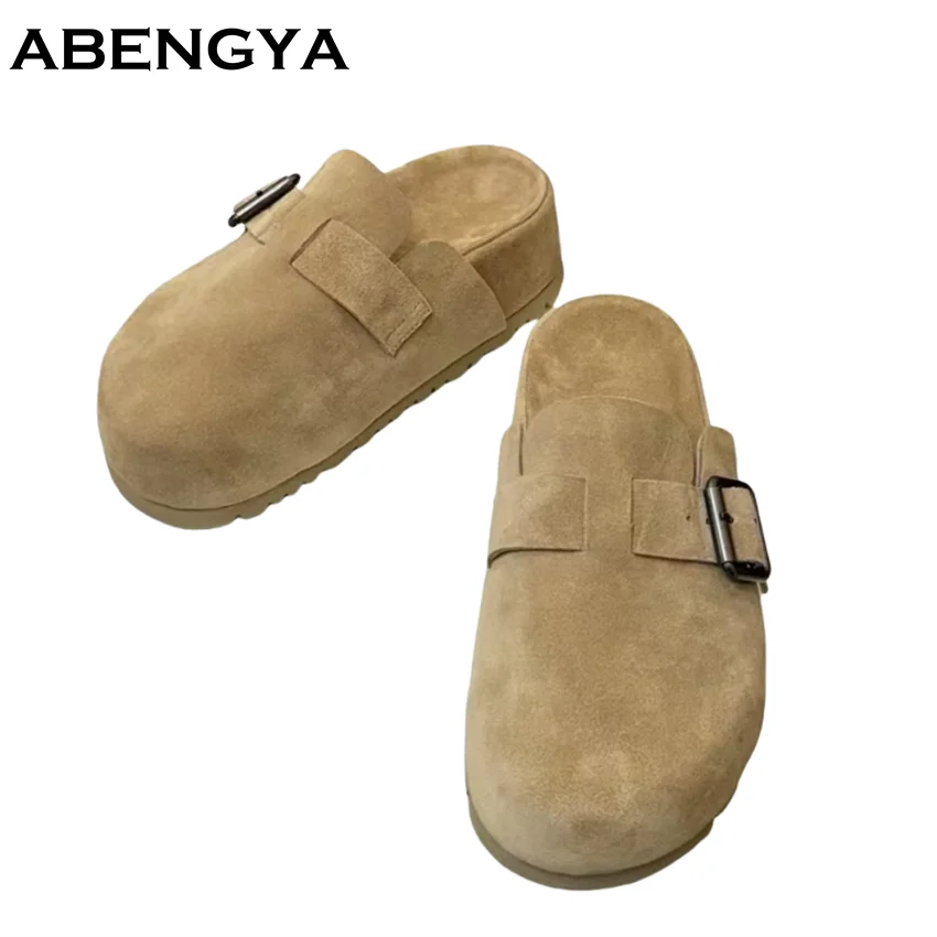 

Hot Summer Half Flat Slippers Woman Suede Leather Holiday Beach Shoes Women String Bead Slides Fashion Flats Slippers Women