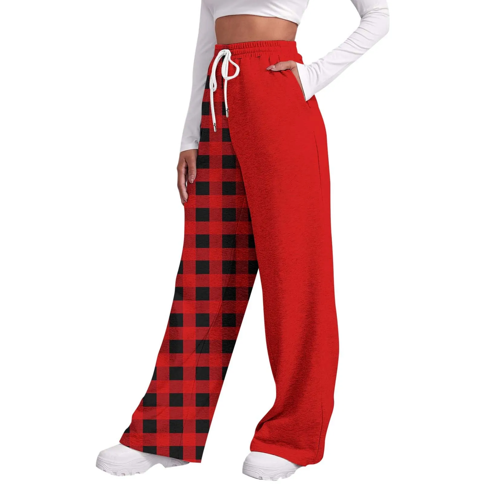 

Sports Casual Loose Fit Sweatpants Autumn Winter Christmas Plaid Printed Straight Leg Pants Women Casual Drawstring Trousers