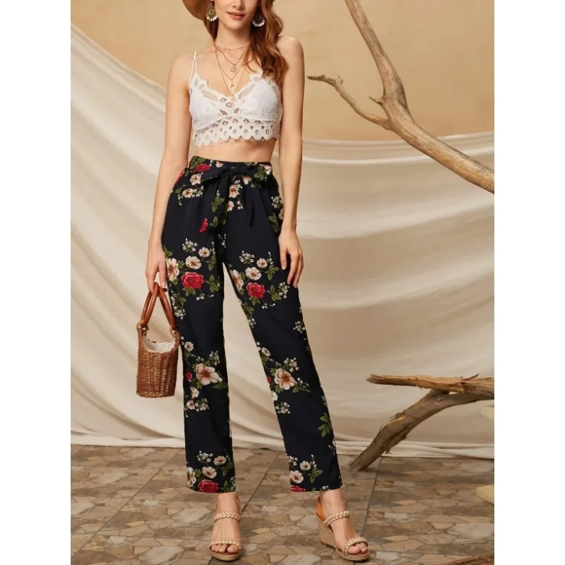 Plus Size Women\'s Elegant Floral Print Lace Up High Waisted Slimming Pants For Parties Versatile Daily Printed Wide Leg Pants