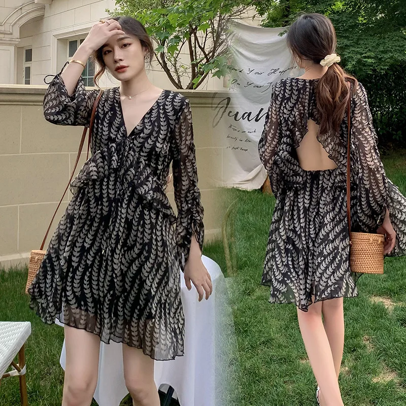 

Women Summer Seaside Vacation Fairy Dress Black White Printed Chiffon Drawstring Sexy V-neck Ruffled Backless Hight Waist Dress