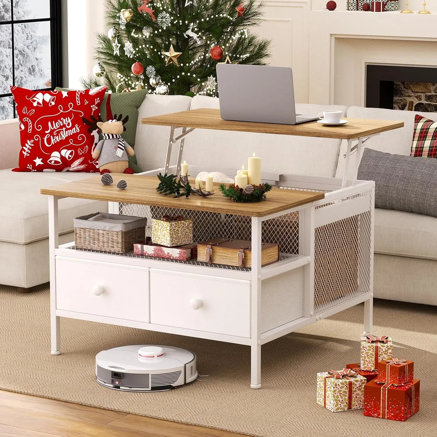 

Lift Top Coffee Table, Square Coffee Table Metal Wood, Farmhouse Lift Up Coffee Tables Cocktail Table with Wire Mesh Barn Door a