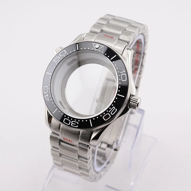 

42mm NH35 Stainless Steel Watch Case Mineral Glass Black Ceramics Bezel Insert with Bracelet for Seiko Mod Seamaster Build Parts