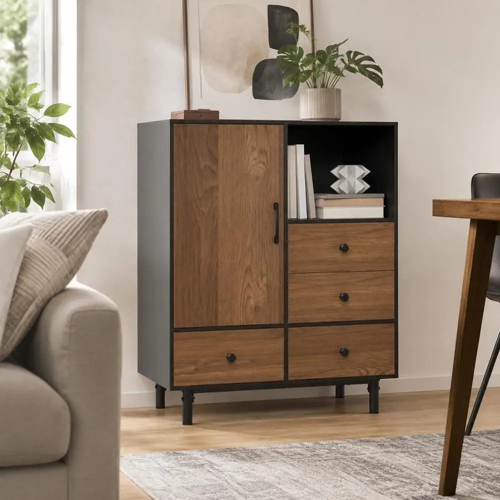 Buffet de style moderne du milieu du siècle avec 4 tiroirs et un compartiment ouvert - Noir