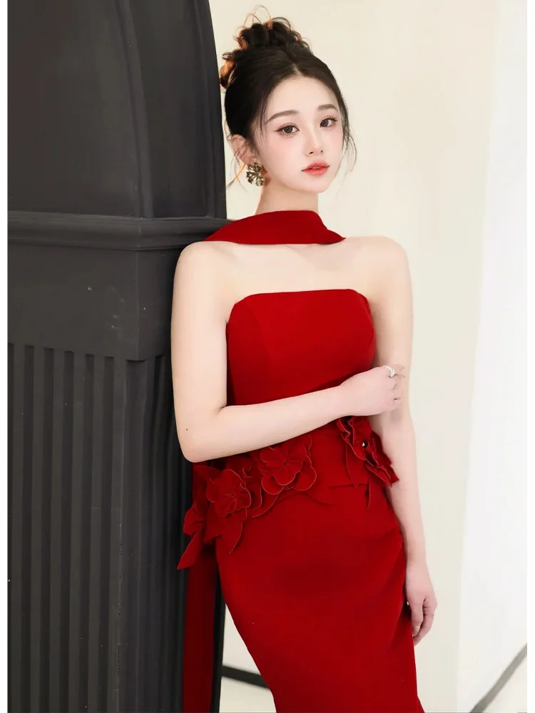 

Красное вечернее платье для невесты, с завышенной талией, приталенное, в корейском стиле, на молнии, средней длины, однотонное, для вечеринок