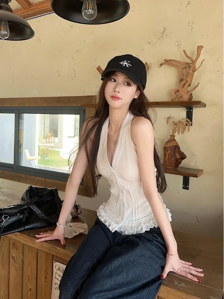 Estate New Sle White Lace ter Ne ort Vest Faion V-ne da donna Top dimagrante Pendolarismo Sle Lunghezza regolare