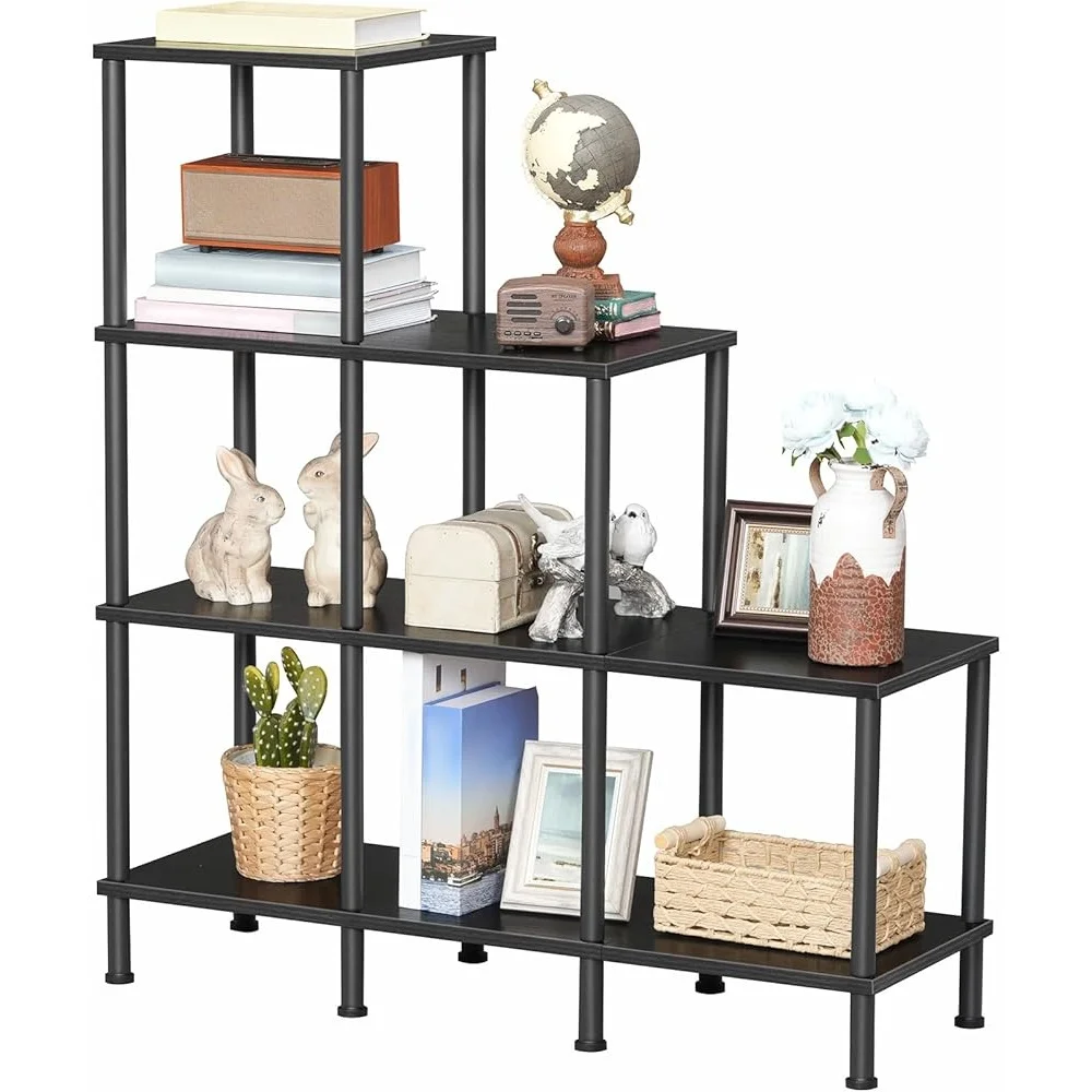 

DIY Bookshelf Organizer 4-Tier Cube Shelf Modern Stepped Bookcase Adjustable 6-Cube Storage Display Shelf Office Living Room