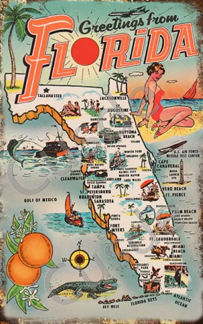 Cusde Vintage 1954 Greetings from Florida Collectible Metal Tin Sign Wall Decoration Poster Wall Decor Retro Garden Sign Vintage