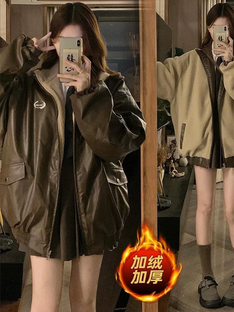 แฟชั่น PU หนังแจ็คเก็ต Lambswool Coat ทั้งสองด้านหญิง Y2K ฤดูหนาวใหม่กํามะหยี่หัวรถจักรผ้าฝ้ายเบาะ
