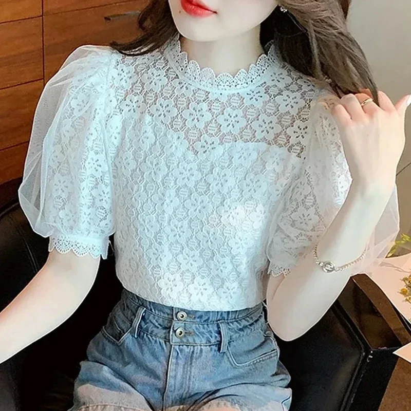 Summer Short Sleeve Lace Women Blouses Fashion Puff Sleeve Lace Sweet Hollow Out Stand Collar Tops Elegant Casual White Shirt