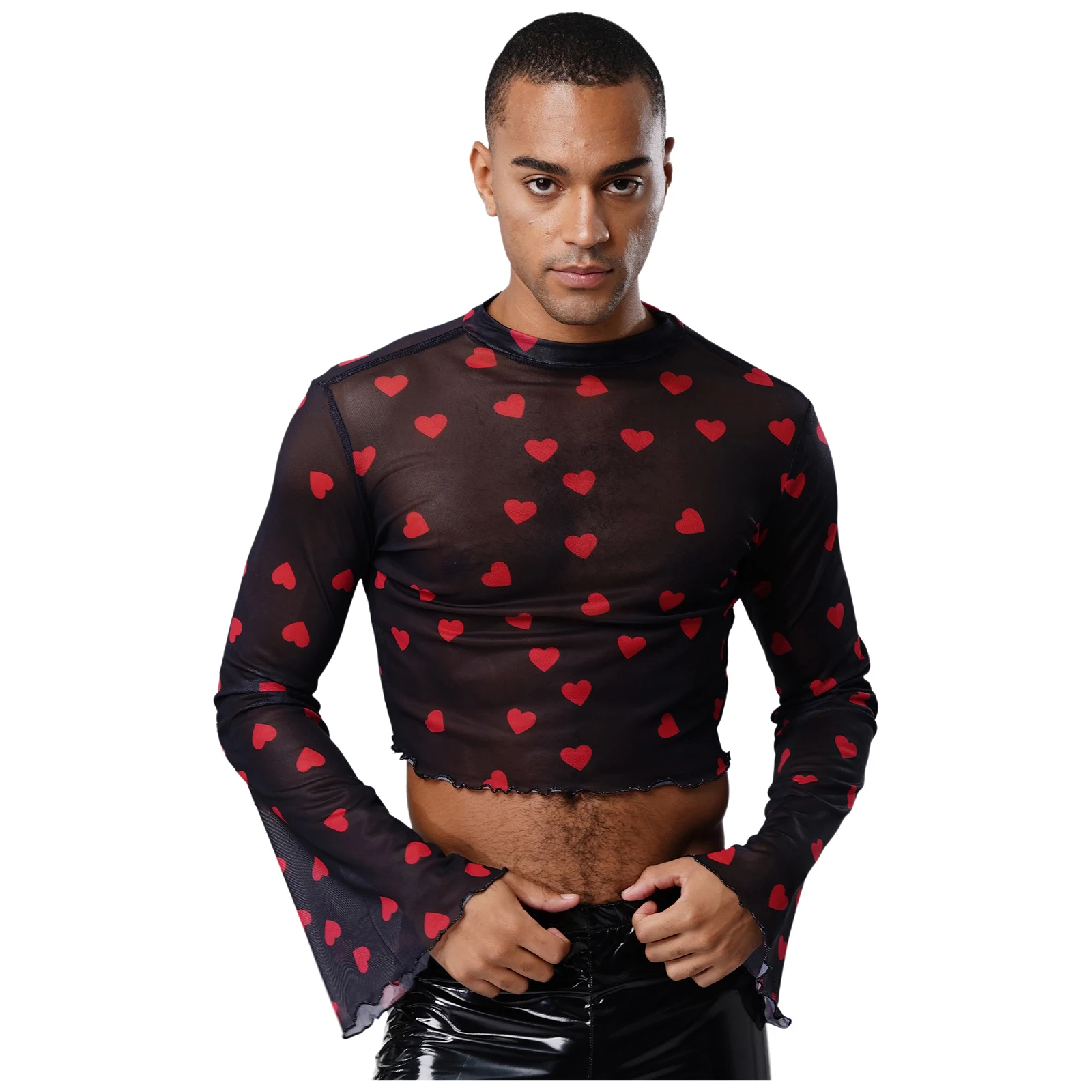

Men Fashion Print Sheer Mesh Cropped T-shirt Long Sleeve Ruffled Trim See Through Pullover Crop Top for Clubwear Pool Party