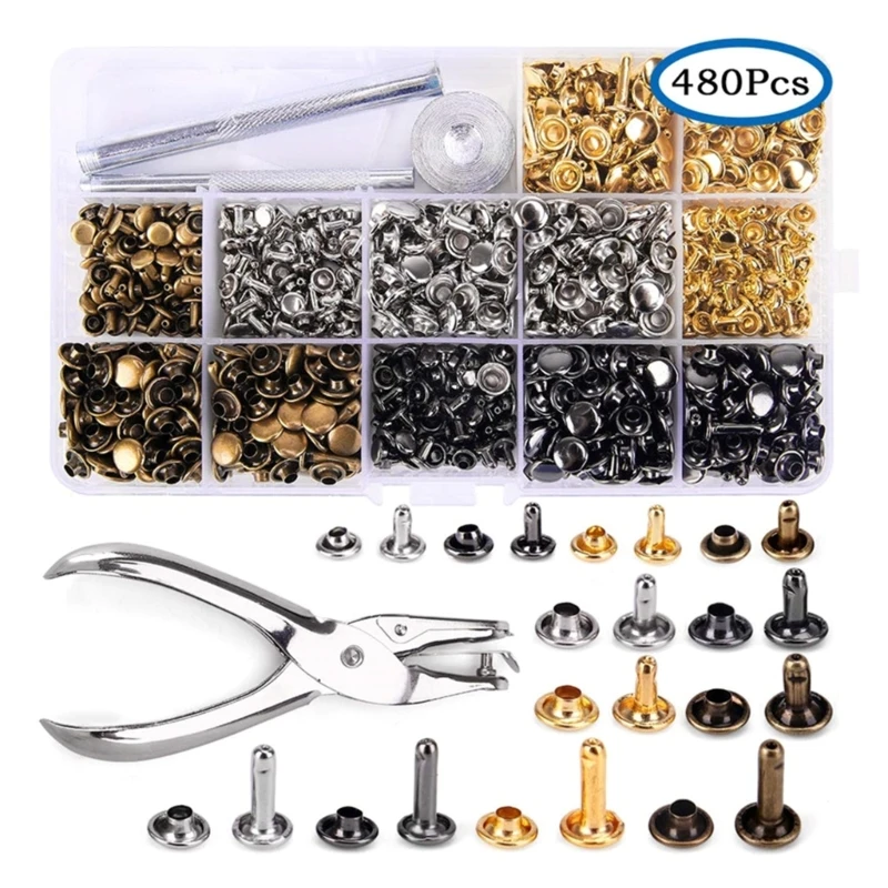 180Sets Leather Rivets 6mm/8mm/12.0mm 4 Color Double Caps Rivets Tubular Metal Studs with Punch Pliers and Setting Tool