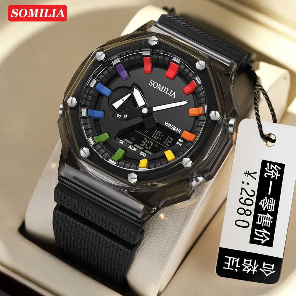 SOMILIA-S3341 Montre électronique étanche pour homme, chronomètre à compte à rebours numérique, lumière LED, style