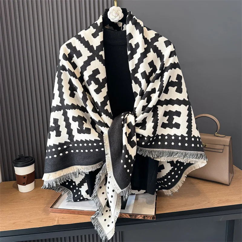 2024 Winter Women\'s Shawl Imitation Cashmere Scarf Letter H New Fashion Elegant Warm Large Thickened Lady\'s  Square Blanket