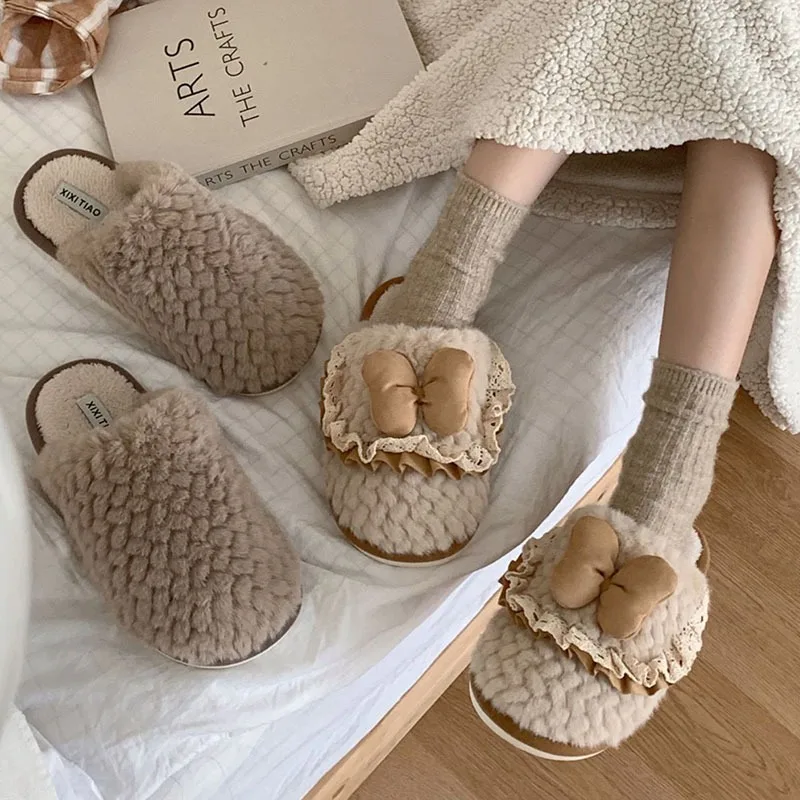 

New retro bow cotton slippers winter leisure home indoor warm soft bottom Baotou plush cozy slippers women's princess style