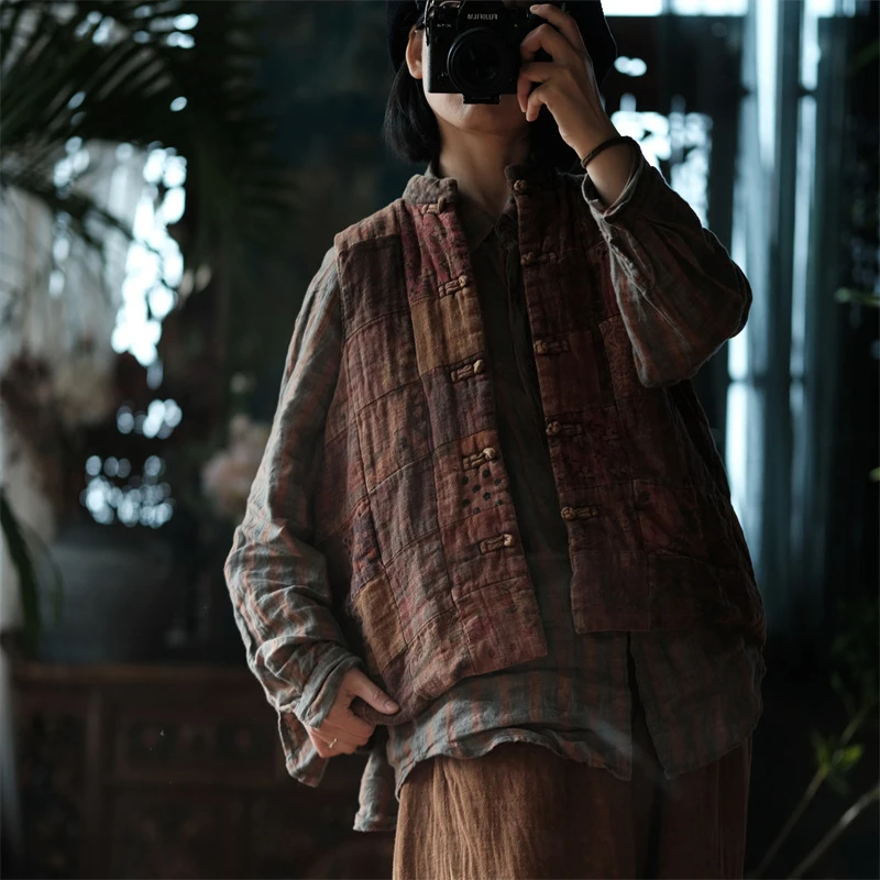 

100% Cotton Women Casual Vest Coats New Arrival 2025 Autumn Vintage Style Mandarin Collar Female Sleeveless Jackets M1950