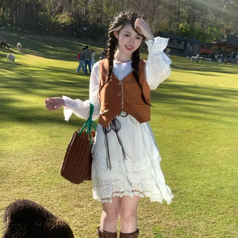 Vaion Travel n Sle Layered Lace Dr Zweiteiliges Set mit unregelmäßigem Saum, Retro-Damenweste mit weißem Überlappungsdesign