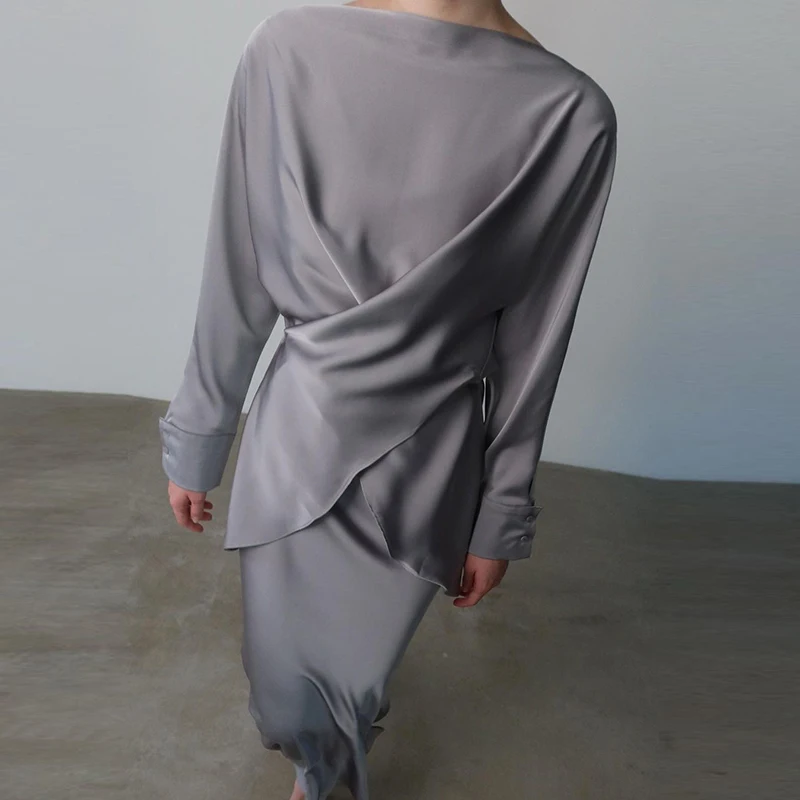 

Spring Casual Long Sleeved Outfits Ladies Elegant O Neck Top with Half Skirt Suits Simple Solid Color Satin Slim Two Piece Sets