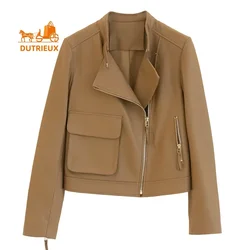 High-end Sheepskin Women's Leather Jacket New Winter Stand Collar Short Leather Jacket Slim Fit Elegant Cowhide Work Jacket Coat