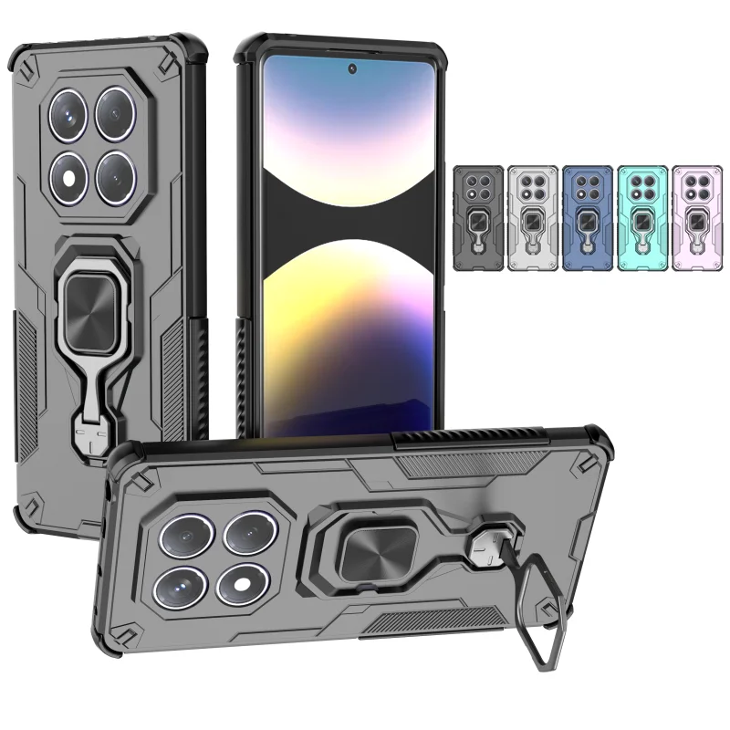 Magnetische Rüstung Stoßfest Telefon Fall Für Xiaomi Redmi Hinweis 14 Pro 4G Plus 5G Metall Ring Stehen objektiv Schutz Zurück Abdeckung Fundas