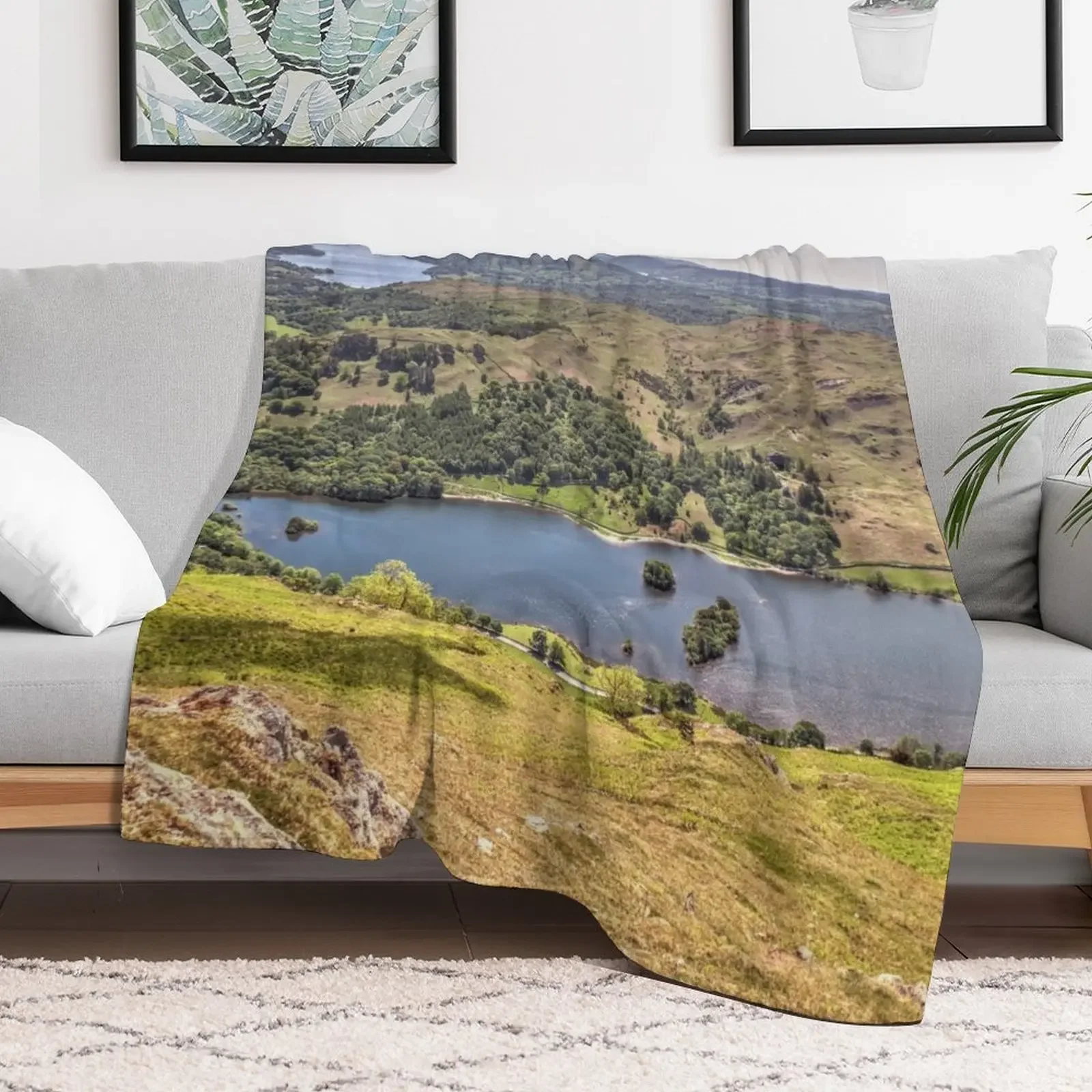 New Ambleside, Winderwere & Rydal Water From Nab Scar Throw Blanket decorative Decorative Sofas Blankets