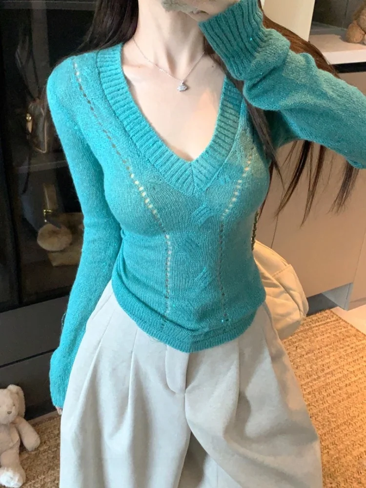 

Fashionable Short Knitted Sweater Women's Autumn Winter Sparkling Slimming Top Korean Style Standard Fit Long Sleeve Pure Color