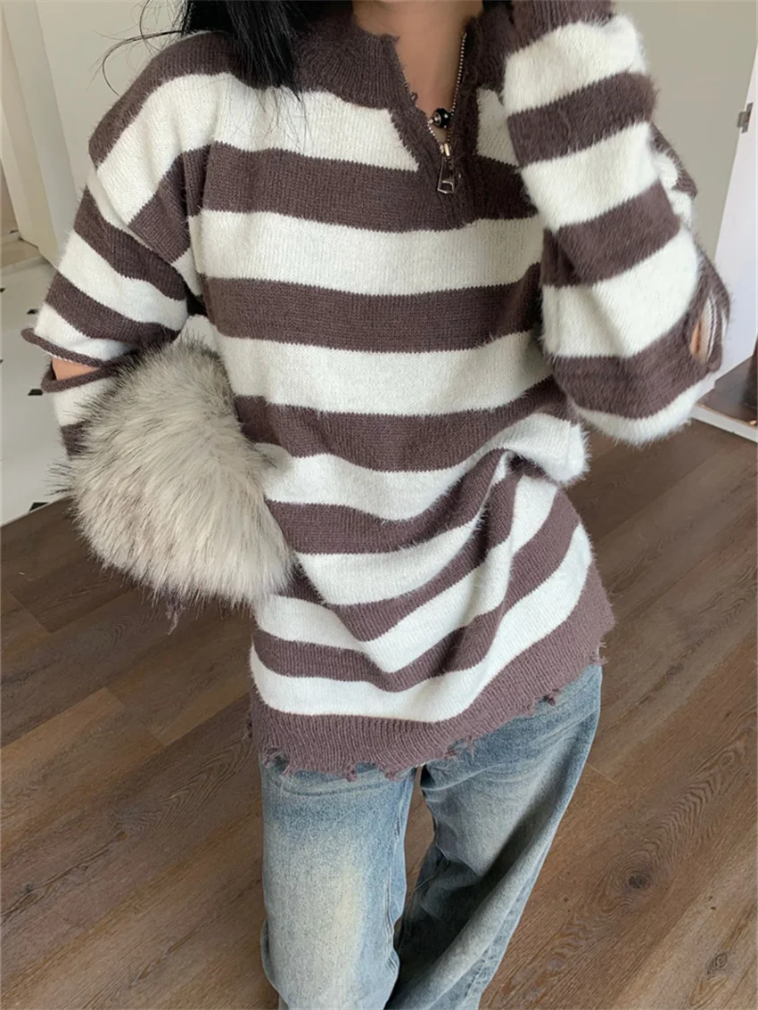 

Alien Kitty 2024 Stripes All Match Pullovers Chic Women Spring Knitted Loose New Casual Fashion Daily Office Lady Sweaters