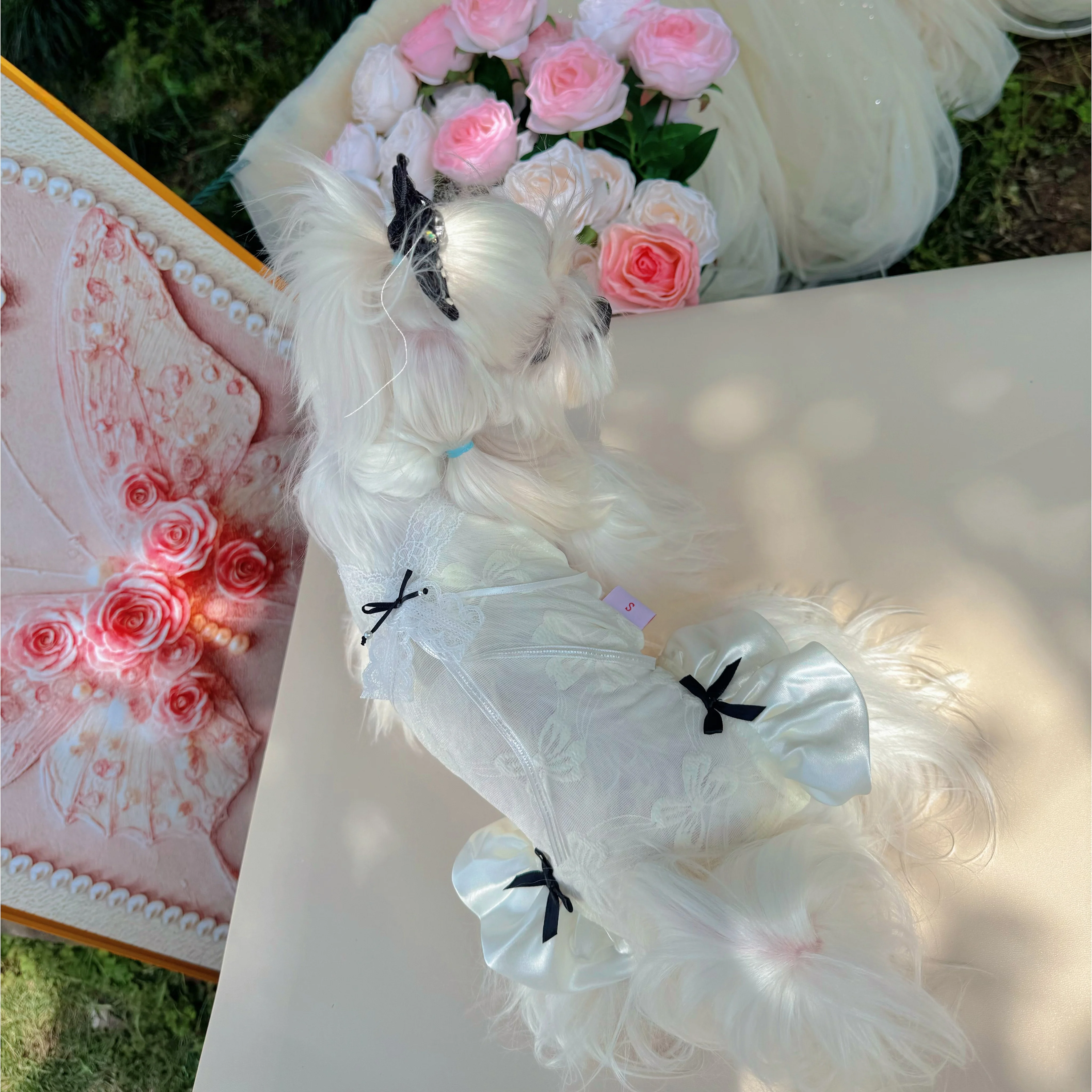 

Sweet Lace Trim Pet 4-Legged Jumpsuit Lightweight Breathable Summer Dog Outfit with Bow Decoration for Small Breeds Puppy