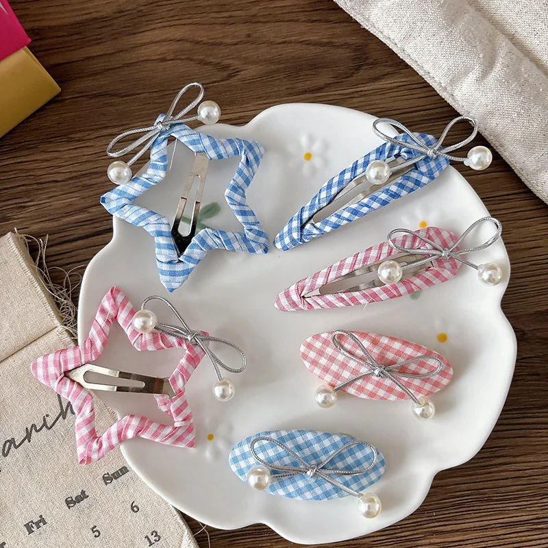 

Plaid Bow Bangs Side Bb Clip for Children Girls Kids Hairpins Hairclip Blue Pink Pearl Hair Clips Kids Headwear Hair Accessories
