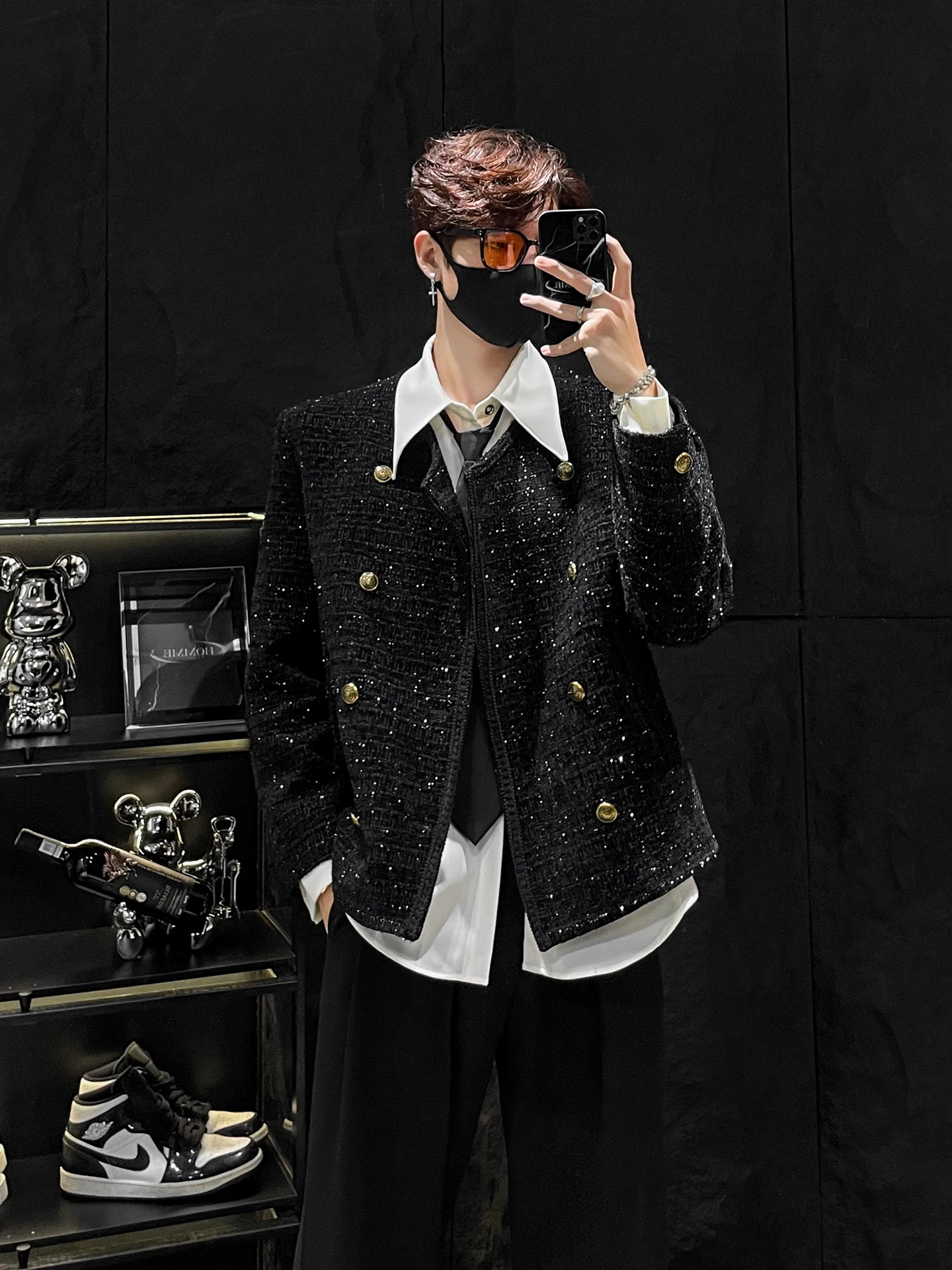 

HOMME Men's Bright Tead Knitted Jaet Double Row Buttons Korean Sle Coarse Tweed Outerwear Loose Fit Autumn Youth Faion