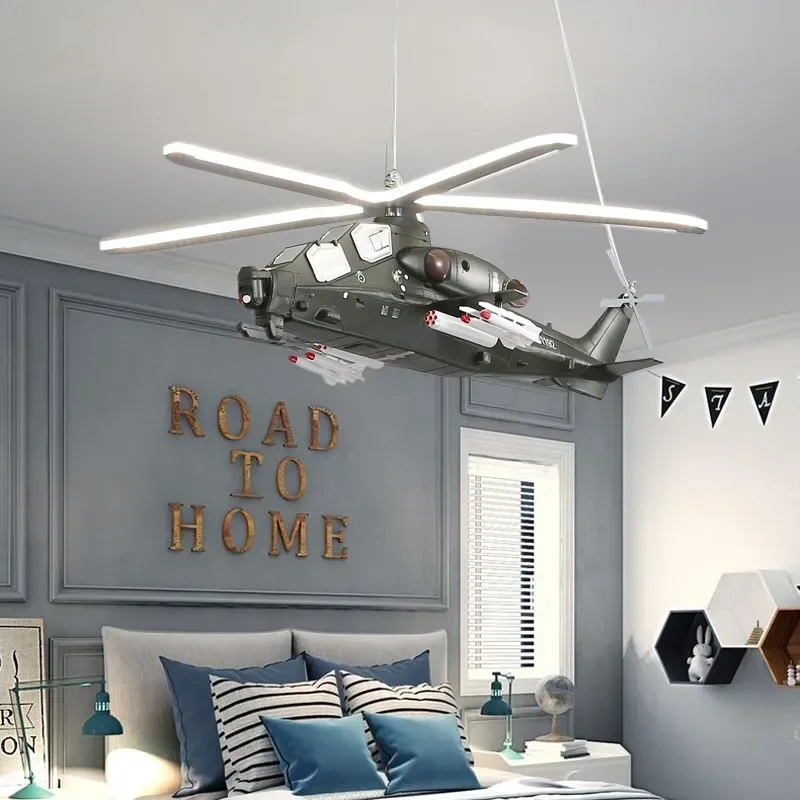 2021 New Helicopter Chandeliers Children\'s Room Bedroom Lights Boys Room Pendant Lights Military Fans Wuzhi 10 Aircraft Lights